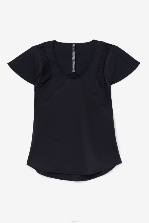 2HNL1871 черен FILA повдигната текстурирана горна част с къс ръкав черна фила