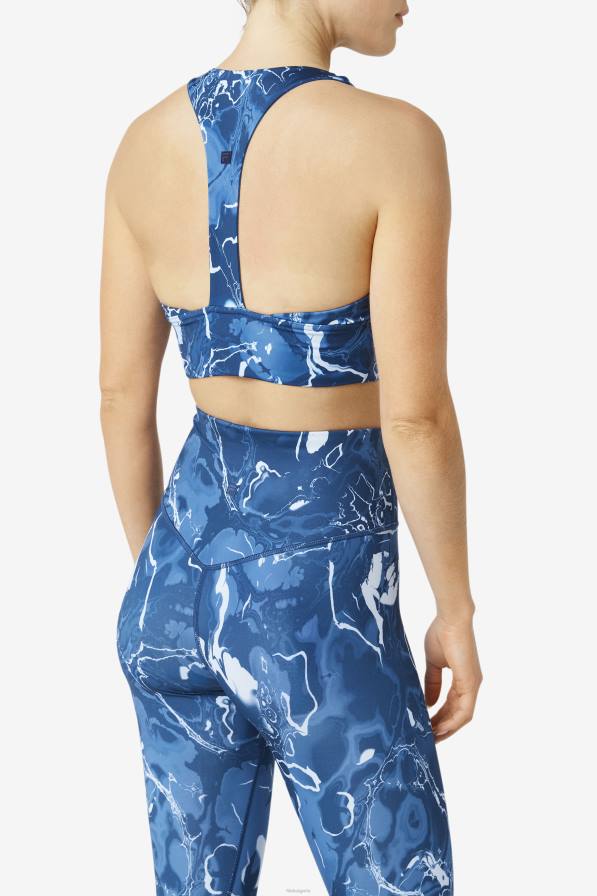 2HNL1799 морски мрамор FILA повдигнат спортен сутиен с т-образен гръб, тъмносиня мраморна фила